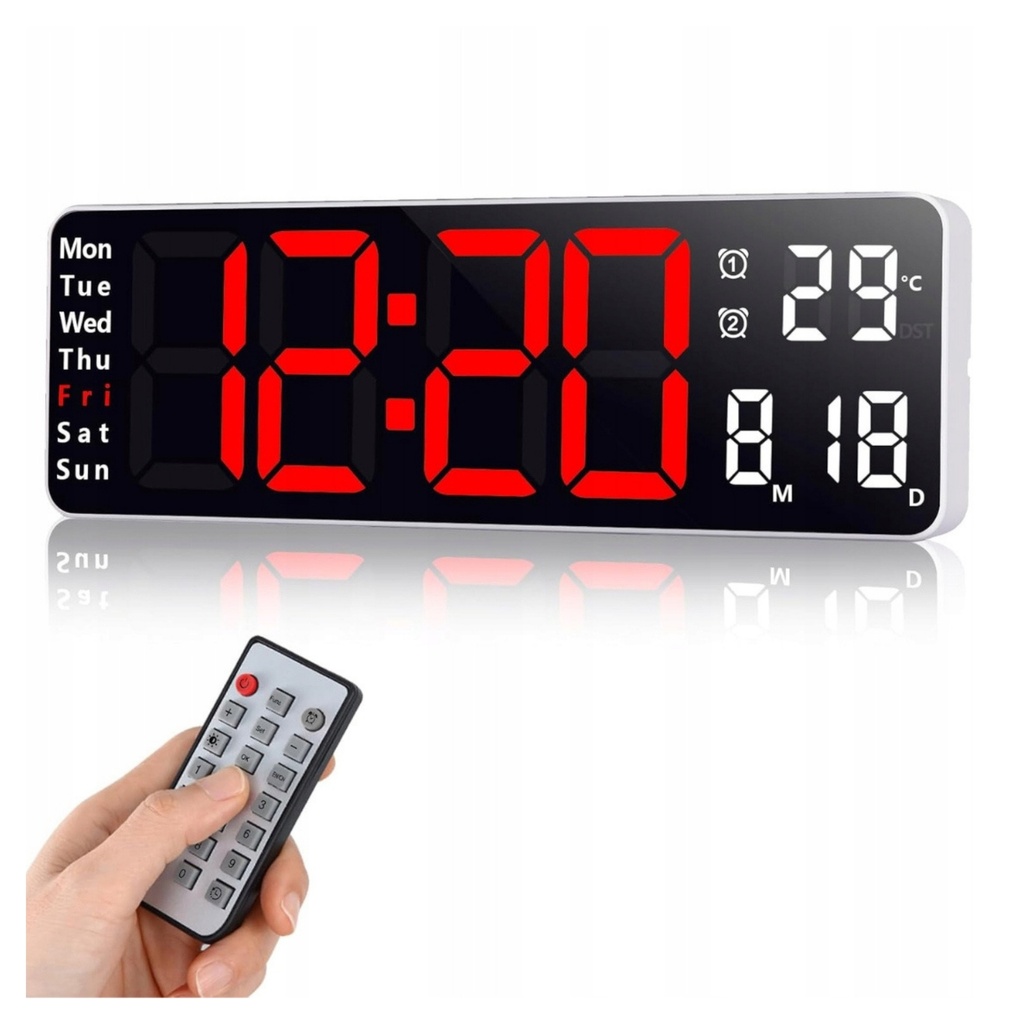 [5906893901651] Cyfrowy zegar ścienny LED RegMag z pilotem – czerwony wyświetlacz