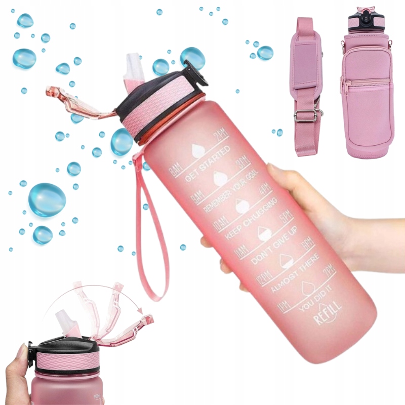 [5903899649419] Różowa butelka motywacyjna RegMag 900 ml z pokrowcem