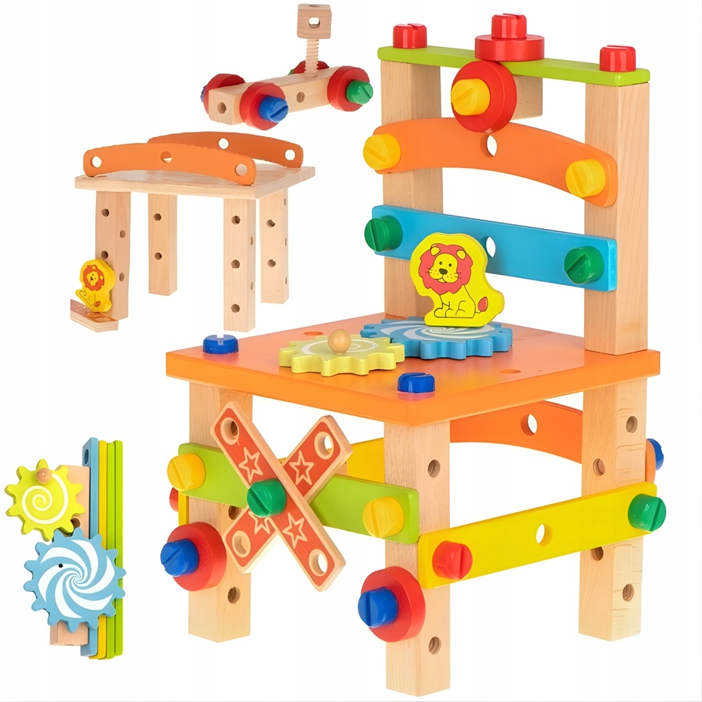 [5906893901606] Drewniane krzesełko montażowe Montessori z 49 elementami