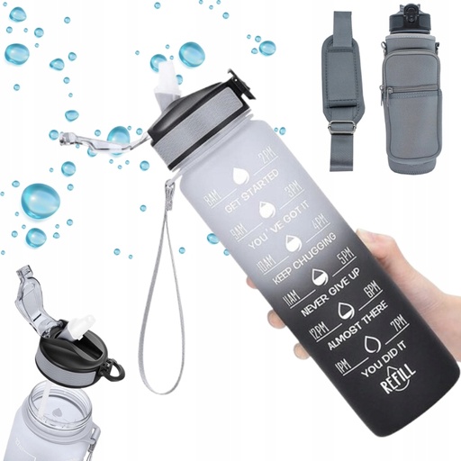 Butelka motywacyjna z tritanu 900 ml z pokrowcem czarno-szara RegMag